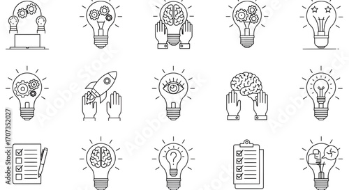 Inspiring ideas collection, innovative concepts and business solutions with lightbulbs and brains