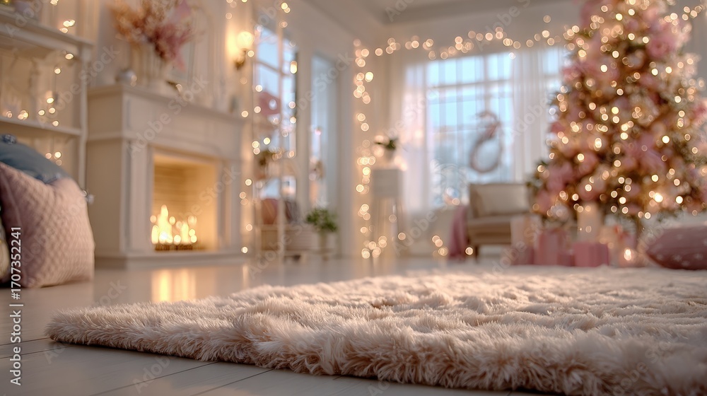 Fototapeta premium Cozy living room with decorated Christmas tree and lit fireplace, featuring warm lighting and festive holiday decor in a modern home interior.