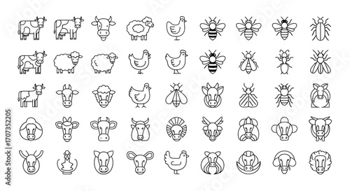 Charming collection of farm animals and insects in simple outline icons, perfect for educational and design projects