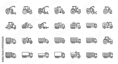 Modern agricultural and transport vehicle icons for farming, logistics, and industry projects