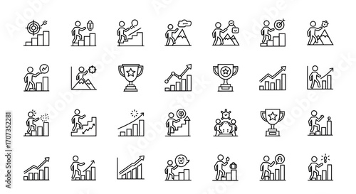 Achieve your business goals with these dynamic icons representing success, growth, and reaching new heights.
