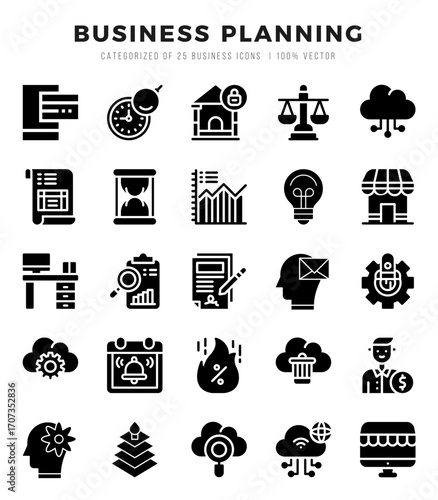 Set of Business Planning Icons Glyph icons collection.