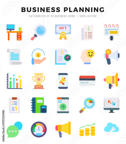 Vector Business Planning types icon set in Flat style. vector illustration.