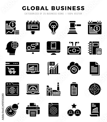 Global Business icons Pack. Glyph icons set. Global Business collection set.