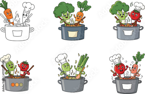 Cute cartoon vegetables cooking together in pots, happy chef characters, healthy food concept, kawaii style vector illustration for kids