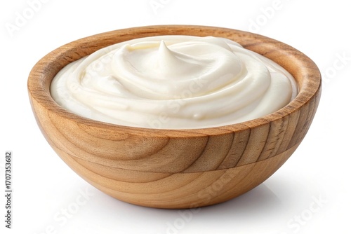 Closeup of creamy yogurt in a wooden bowl isolated on white background