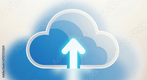 Dynamic cloud icon with upward arrow symbolizing data upload, storage, and digital transfer for modern technology concepts and business innovation