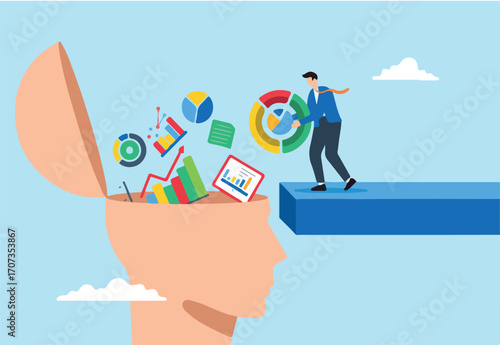 Businessman places graph diagram report on human head brain, illustrating data scientist or research information. Concept of intelligence and knowledge to analyze reports and utilizing big data