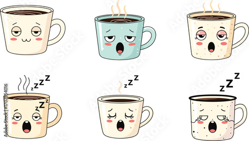 Cute sleepy coffee mugs collection with kawaii faces, hot drinks, steam, tired expressions, morning beverage cartoon vector illustration for cafe design