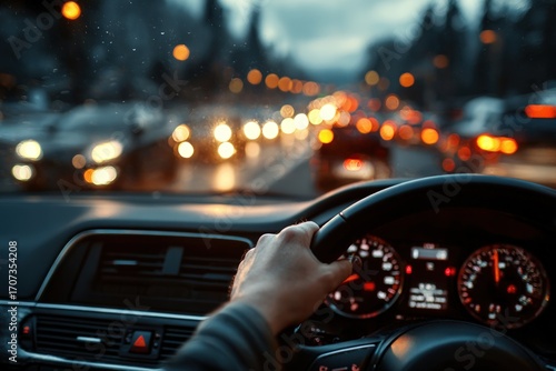 View from inside a car on a busy street at dusk, with bokeh lights and driver's hand on the wheel