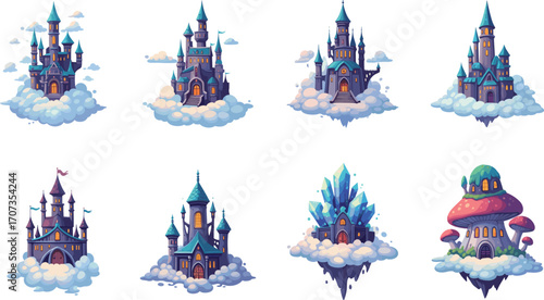 Fantasy floating castles on clouds with whimsical architecture, magical towers, colorful turrets, dreamy landscapes, and imaginative fairytale sky island scenes