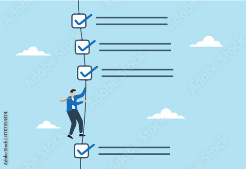 Businessman climbing rope to completed work checklist illustrating completion of tasks or todo lists. Concept of checking off items, achieving productivity goals, and following success plan