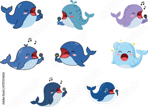 Cute cartoon whales singing with microphones in colorful styles, playful ocean animal music theme for fun marine life vector illustrations