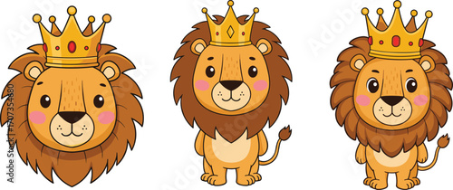 Adorable cartoon lions with royal golden crowns, cute jungle king animals, children’s illustration for nursery, fairytale, mascot, wildlife and decorationAdorable cartoon lions with royal golden crown