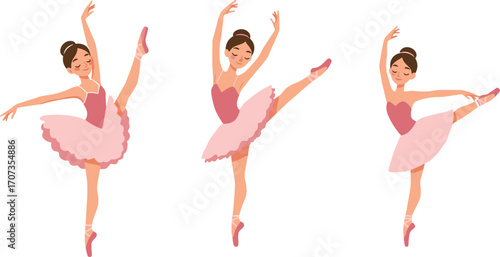 Beautiful ballerina girls performing classical ballet dance in pink tutus, elegant poses with pointe shoes, stage performance art vector illustrationBeautiful ballerina girls performing 