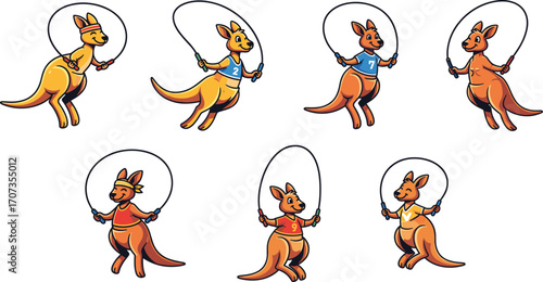 Playful cartoon kangaroo characters skipping rope in sports outfits, numbered shirts, headbands, fun athletic activity, perfect for children’s vector illustration design