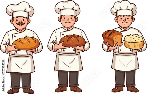 Cartoon bakers holding fresh bread loaves, bakery chefs in uniform vector illustration for food cooking, pastry shop, restaurant and culinary designCartoon bakers holding fresh bread loaves, 