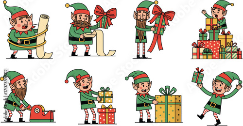 Playful Christmas elves making toys, wrapping gifts, decorating presents, celebrating holiday season in festive workshop, cheerful winter vector illustration for kids