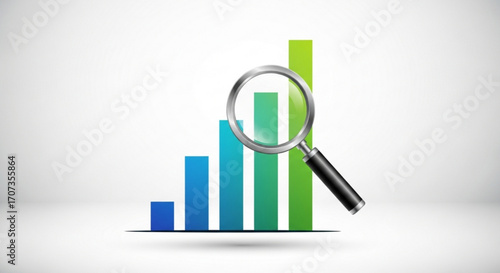 Magnifying glass examining upward trending bar graph, symbolizing financial growth, analytics, and business development for strategic insights and data exploration