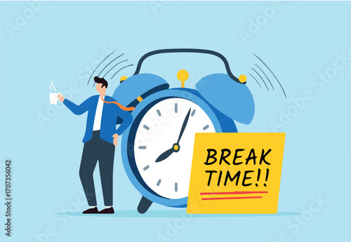 Relaxed businessman enjoys cup of coffee or tea beside alarm clock. Concept of time for break, moment to unwind and refresh from long stressful period, chance to shake boredom, sleepiness, and fatigue