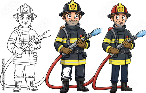 Cartoon firefighters in protective uniform holding water hoses, vector illustration of emergency rescue team, fire safety workers, firefighting character design conceptCartoon 