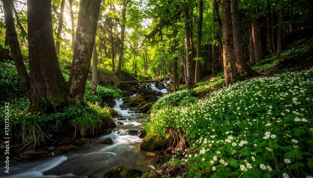 Fototapeta premium Sunlight streams through a lush forest, illuminating a small waterfall cascading over mossy rocks