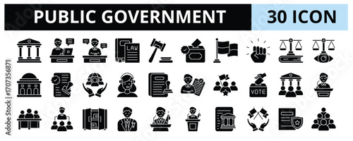 30 Public Government Glyph Icons Vector - Executive, Republic, Public Law, Governance, Notary, Congress, Cabinet, Mayor, Governor, Diplomacy
