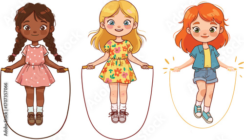 Cartoon girls skipping rope, happy children jumping and playing, cute kids outdoor activity illustration, vector design for sport, exercise, fitness, funCartoon girls skipping rope
