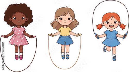 Cartoon girls jumping rope, cute children playing outdoors, happy kids skipping illustration, vector design for fitness, exercise, fun and childhood activityCartoon girls jumping rope, cute 