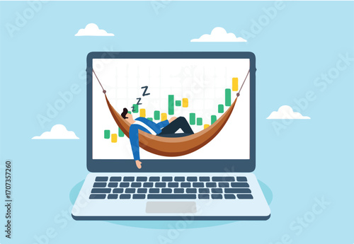 Successful investor sleeps on computer displaying financial graph, illustrating passive investment. Concept of making passive money or earning, wealth management strategies, and financial freedom