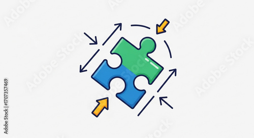 Strategic integration and problem-solving concept with interlocking puzzle pieces and directional arrows indicating connection and synergy for business success
