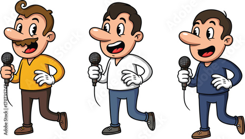 Cartoon illustration of three happy men holding microphones, singing and performing, colorful characters, vector design for entertainment, music, communication themesCartoon illustration of three happ