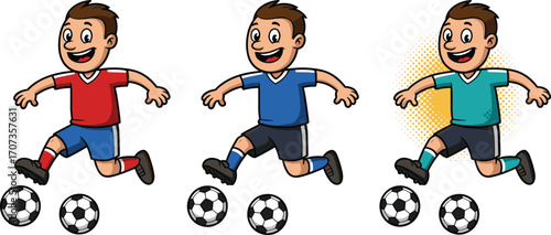 Cartoon kids playing soccer vector illustration, boys running with football, sports activity, children in uniform, game competition training artwork designCartoon kids playing soccer vector