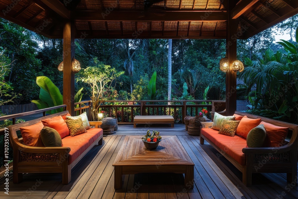 Fototapeta premium A wooden patio with a couch and a table