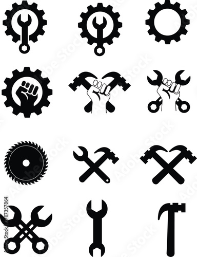 Labor Tools Icon Set,  
Industrial Gear Symbol Pack,  
Mechanic Emblem Vector Collection,  
Black and White Engineering Icons
