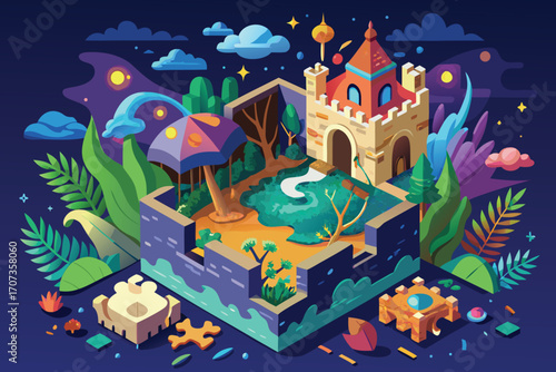 Isometric fantasy castle and garden at night vector
