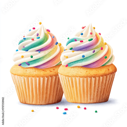 Two colorful cupcakes with rainbow frosting and sprinkles 2.