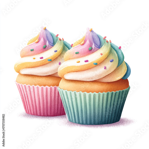 Two colorful cupcakes with rainbow frosting and sprinkles 1.