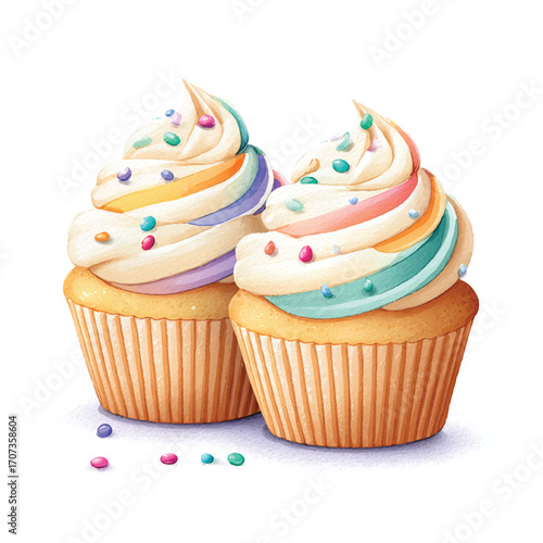 Two delicious cupcakes with colorful frosting and sprinkles.