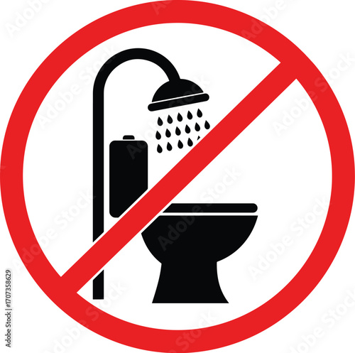 Prohibition icon no bathing shower in toilet restroom symbol inside red circle isolated on transparent background