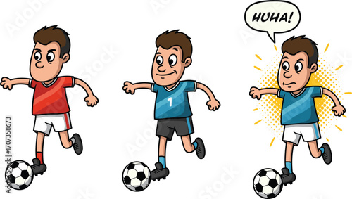 Cartoon soccer players vector illustration, kids playing football with ball, sports team characters kicking soccer ball, athletic activity game design artworkCartoon soccer players vector