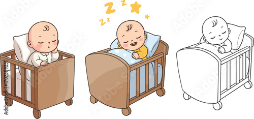 Cute cartoon baby sleeping in crib, vector illustration of newborn child resting peacefully, adorable infant character, childhood innocence, sweet dreams artworkCute cartoon baby sleeping in crib