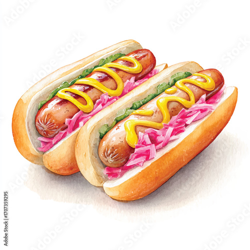 Two delicious hot dogs with mustard and red onions in buns.
