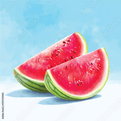 Two juicy watermelon slices with vibrant red flesh and green rinds.