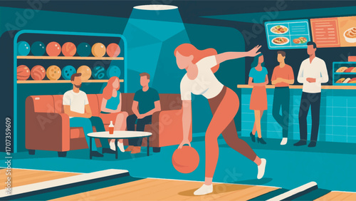 Illustration of a young woman throwing a bowling ball vector design template