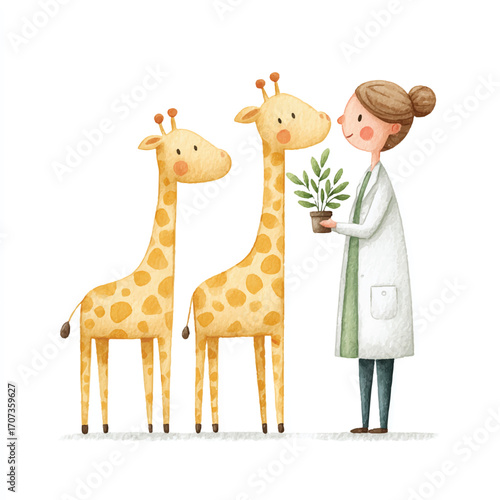 Veterinarian feeding two giraffes a plant.