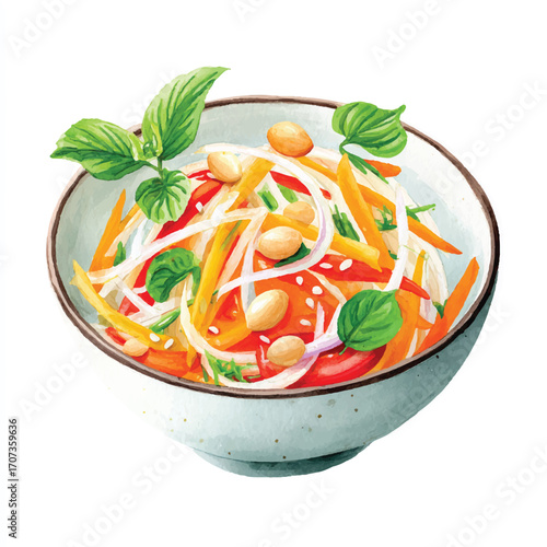 Vibrant Asian Papaya Salad with Peanuts and Basil Leaves.