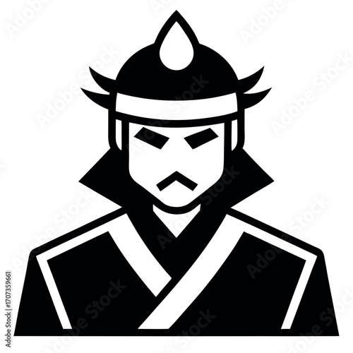 Stylized Black and White Samurai Illustration with Helmet and Traditional Clothing