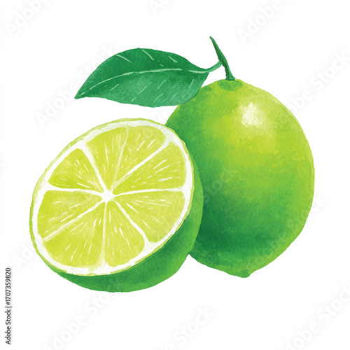 Vibrant Green Lime Fruit with Leaf and Slice.