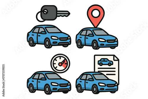Car rental service icon set. Automobile sharing and leasing concept. Vector icons for transport business with car key, GPS location, fuel gauge, and rental agreement contract.